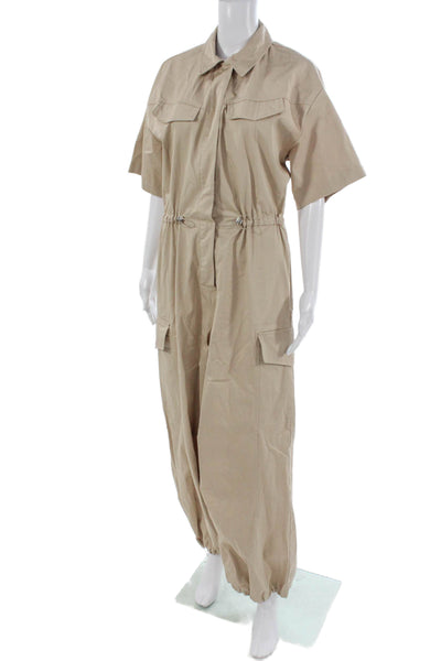 Zara Womens Collared Short Sleeve Beige Jumpsuit Cotton Size S