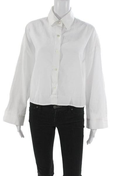 The Tile Club Womens Cropped Cotton Button-Up Collared Long Sleeve White Size M