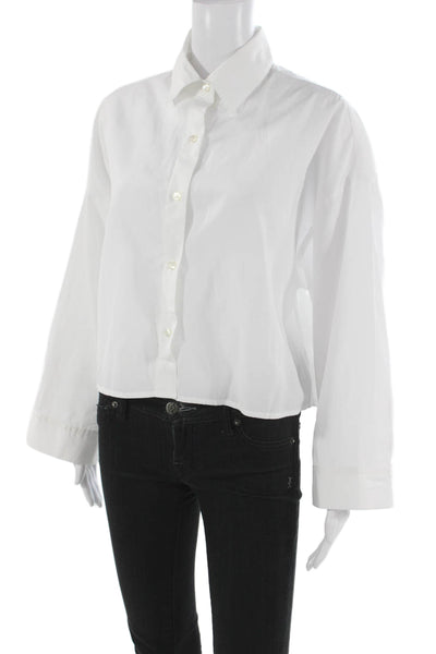 The Tile Club Womens Cropped Cotton Button-Up Collared Long Sleeve White Size M