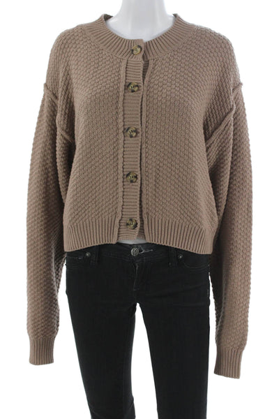 Free People Women Cardigan Sweater Beige Crew Neck Long Sleeve Size S