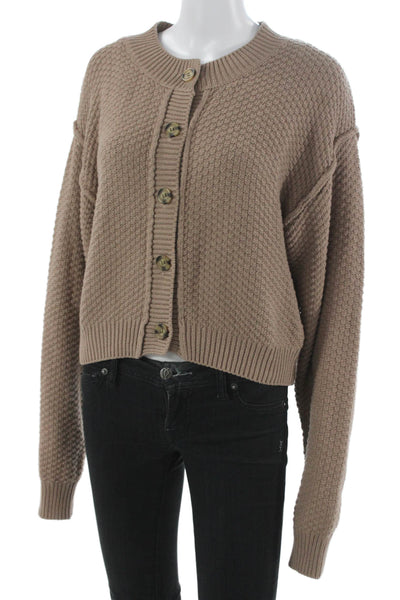 Free People Women Cardigan Sweater Beige Crew Neck Long Sleeve Size S