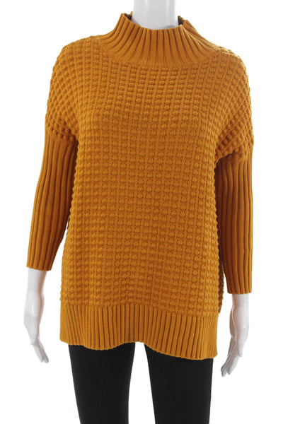 French Connection Women Yellow Cotton Mock Neck Pullover Sweater Size S