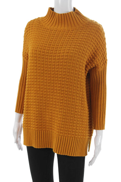 French Connection Women Yellow Cotton Mock Neck Pullover Sweater Size S