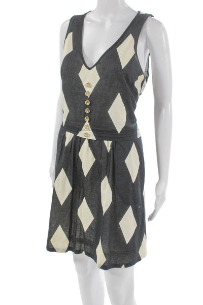 Leifsdottir Anthropologie Womens Sundress Black V-Neck Argyle Cotton Size 6