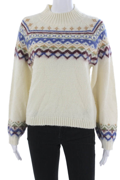 DH New York Women Ivory Fair Isle Mock Neck Pullover Long Sleeve Size XS