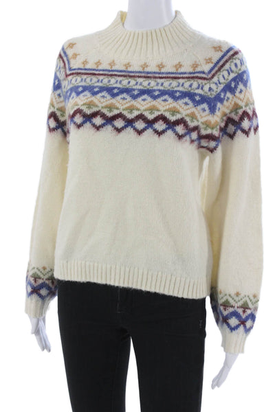 DH New York Women Ivory Fair Isle Mock Neck Pullover Long Sleeve Size XS