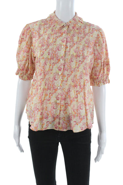 Trovata Women Basic Floral Collared Short Sleeve Cotton Blend Blouse Size XS