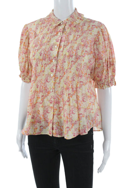 Trovata Women Basic Floral Collared Short Sleeve Cotton Blend Blouse Size XS