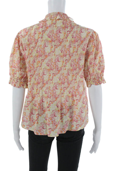 Trovata Women Basic Floral Collared Short Sleeve Cotton Blend Blouse Size XS