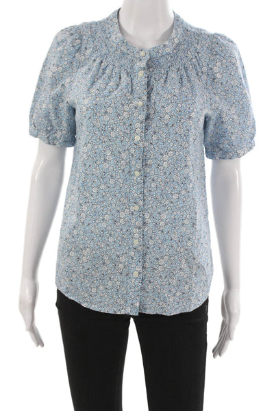 J Crew Womens Linen Floral Collared Button Short Sleeve Blouse Size XS