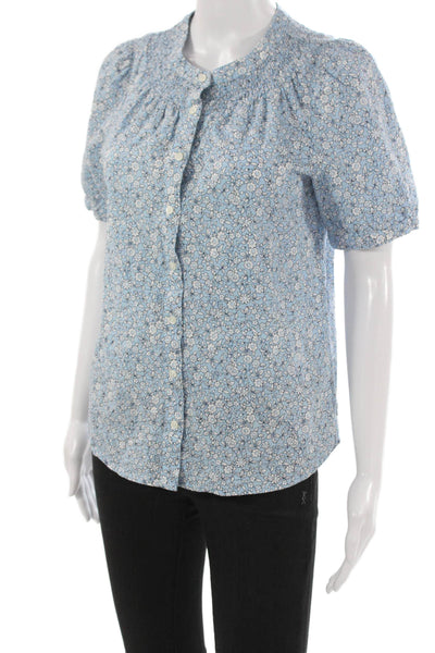 J Crew Womens Linen Floral Collared Button Short Sleeve Blouse Size XS