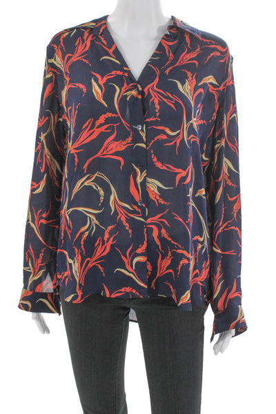 L'Agence Women Silk V-Neck Floral Button Up Blouse Long Sleeve Blue Size XS