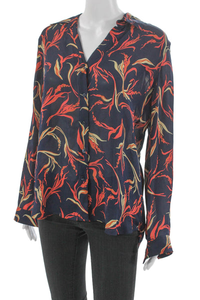 L'Agence Women Silk V-Neck Floral Button Up Blouse Long Sleeve Blue Size XS