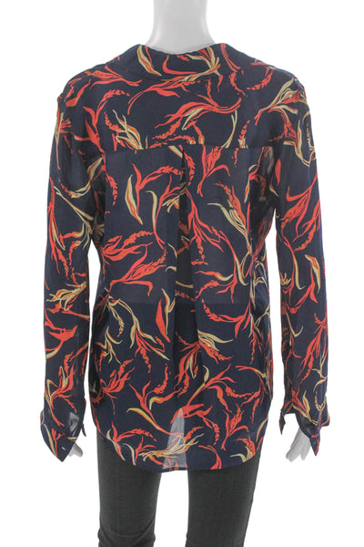 L'Agence Women Silk V-Neck Floral Button Up Blouse Long Sleeve Blue Size XS
