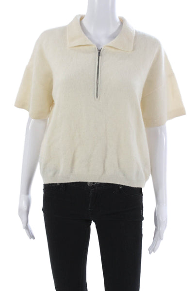 Naadam Womens Ivory Cashmere Collared Short Sleeve Pullover Sweater Size S