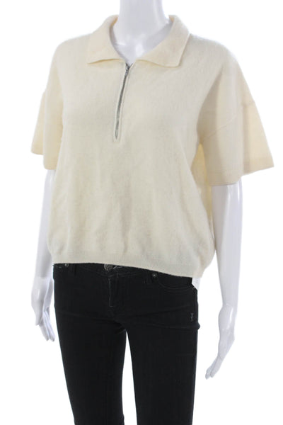 Naadam Womens Ivory Cashmere Collared Short Sleeve Pullover Sweater Size S