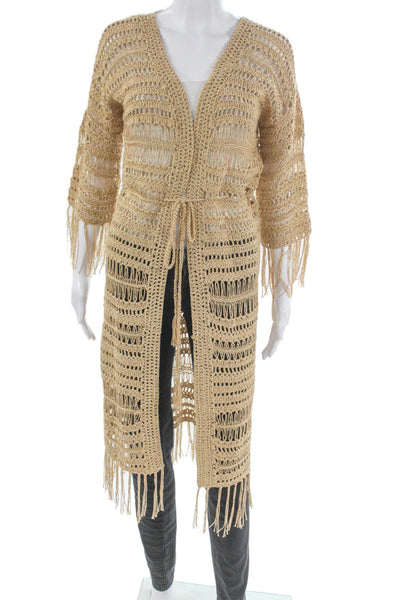 Melissa Odabash Womens Beige V-Neck 3/4 Sleeve Boho Cardigan Size M