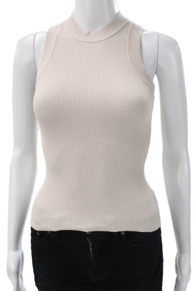 Dissh Womens Striped Cotton Mock Neck Sleeveless Tank Beige Size 2