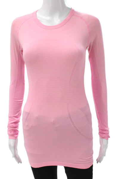 Lululemon Womens Basic Pink Nylon Crew Neck Long Sleeve T-Shirt Pullover Size 4