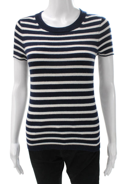 J Crew Women Blue Cashmere Striped Crewneck Pullover Short Sleeve Size 2XS