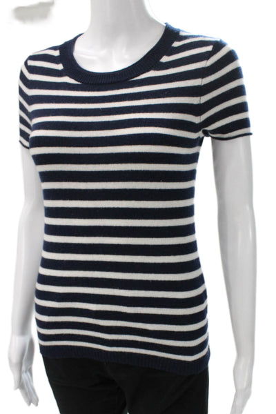 J Crew Women Blue Cashmere Striped Crewneck Pullover Short Sleeve Size 2XS