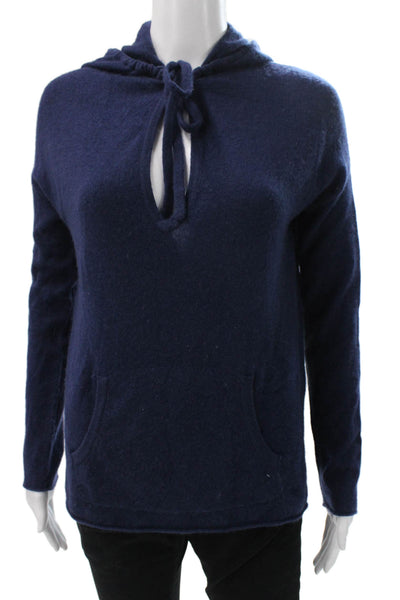 360 Cashmere Womens Pullover Hoodie Cashmere V Neck Blue Long Sleeve Size XS