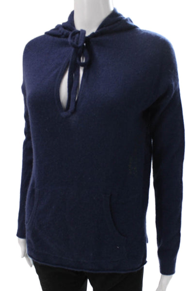 360 Cashmere Womens Pullover Hoodie Cashmere V Neck Blue Long Sleeve Size XS