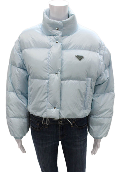 Prada Womens Puffer Jacket Blue Down Snap Long Sleeve Size 38