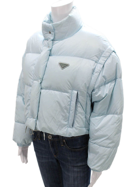 Prada Womens Puffer Jacket Blue Down Snap Long Sleeve Size 38
