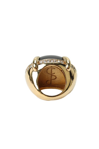 Charlotte Bjorlin D'Elia Womens Gold Tone Black Onyx + Crystal Beast Ring Sz 6