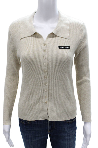 Miu Miu Women Beige Cashmere Collared Long Sleeve Cardigan Size 38