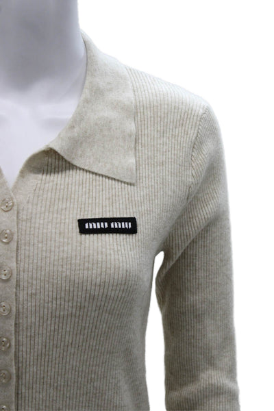 Miu Miu Women Beige Cashmere Collared Long Sleeve Cardigan Size 38