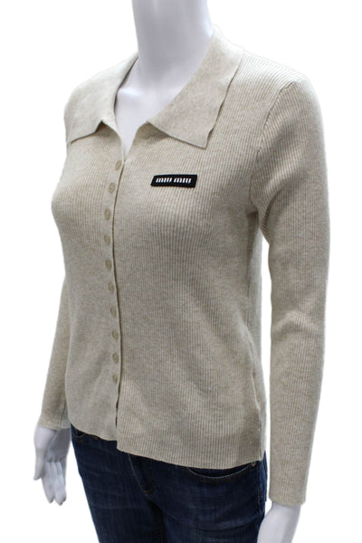 Miu Miu Women Beige Cashmere Collared Long Sleeve Cardigan Size 38