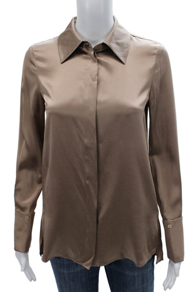 Reiss Women Silk Collared Button Front Long Sleeve Blouse Beige Size 0