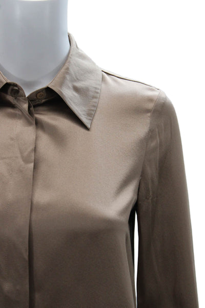 Reiss Women Silk Collared Button Front Long Sleeve Blouse Beige Size 0