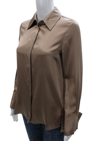Reiss Women Silk Collared Button Front Long Sleeve Blouse Beige Size 0