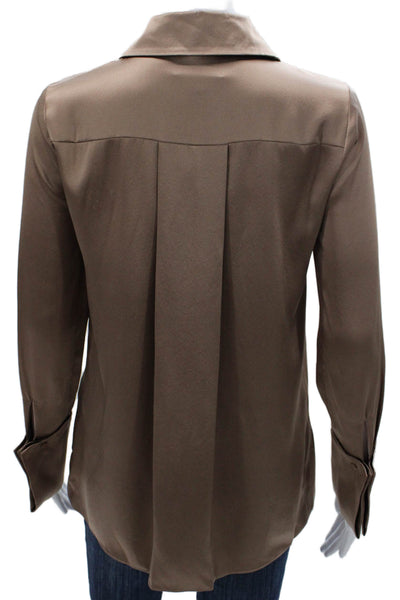 Reiss Women Silk Collared Button Front Long Sleeve Blouse Beige Size 0