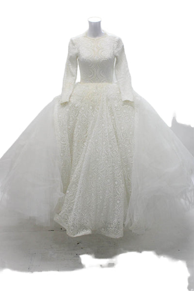 Edgardo Womens Back Zip 3/4 Sleeve Embroidered Tulle Wedding Dress White Small