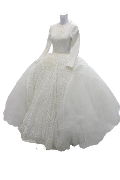 Edgardo Womens Back Zip 3/4 Sleeve Embroidered Tulle Wedding Dress White Small
