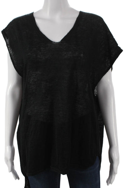 Inhabit Womens Linen V-Neck Short Sleeve Basic T-Shirt Black Size S