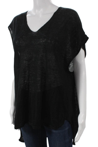 Inhabit Womens Linen V-Neck Short Sleeve Basic T-Shirt Black Size S