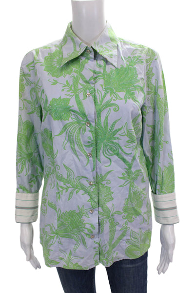 Robert Graham Women Floral Collared Cotton Tunic Blouse Long Sleeve Blue Size L