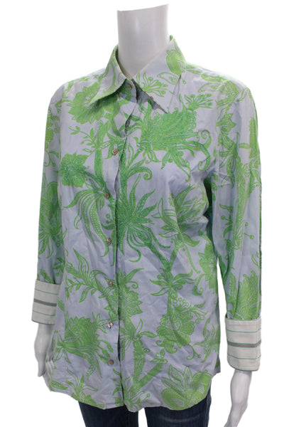 Robert Graham Women Floral Collared Cotton Tunic Blouse Long Sleeve Blue Size L