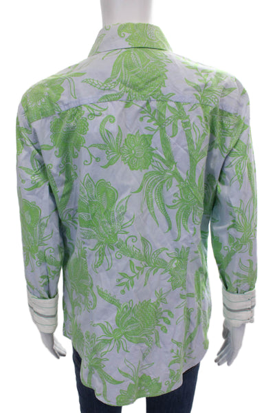 Robert Graham Women Floral Collared Cotton Tunic Blouse Long Sleeve Blue Size L