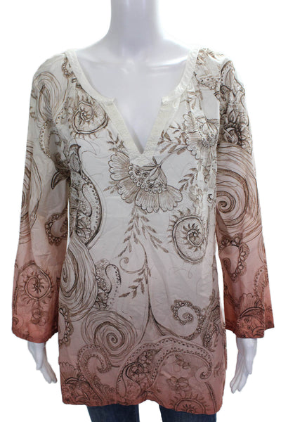 Robert Graham Womens White Paisley V-Neck Tunic Blouse Long Sleeve Size XL