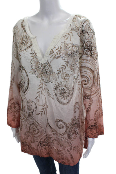 Robert Graham Womens White Paisley V-Neck Tunic Blouse Long Sleeve Size XL