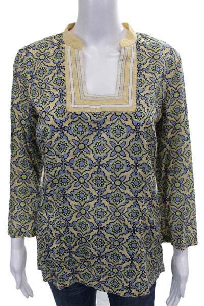 Robert Graham Women Tunic Blouse Beige Cotton Geometric Long Sleeve Size M