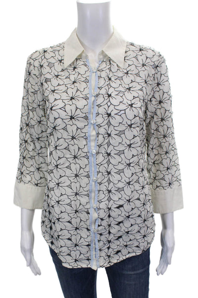 Robert Graham Women Button-Up Cotton Floral Collared 3/4 Sleeve White Size L