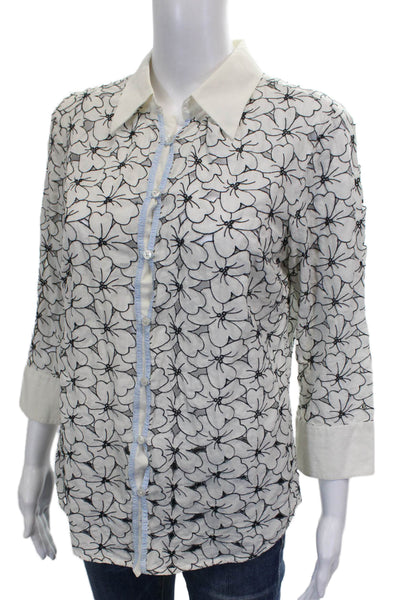 Robert Graham Women Button-Up Cotton Floral Collared 3/4 Sleeve White Size L