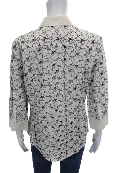 Robert Graham Women Button-Up Cotton Floral Collared 3/4 Sleeve White Size L